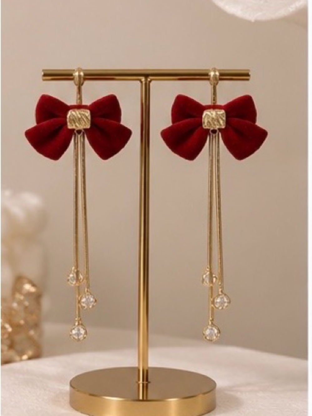 Burgundy Velvet Bow Earrings with Gold Drops